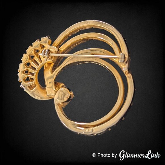 MCM Purple & Clear Rhinestone Brooch | BB Signed | Gold Tone Double Circle Retro - Picture 5 of 7